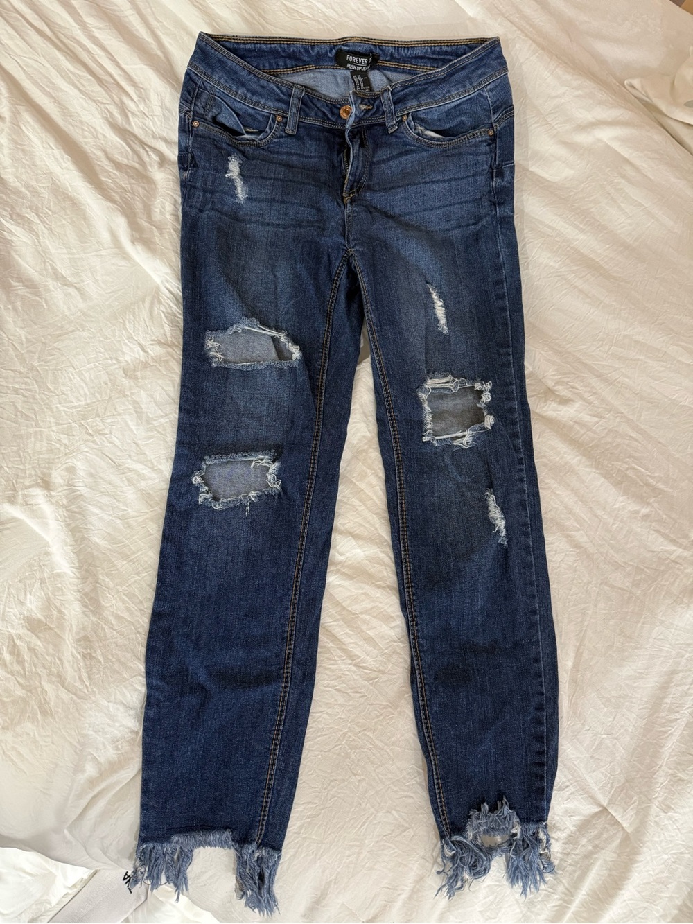 Forever 21 Dark Indigo Distressed Skinny Jeans